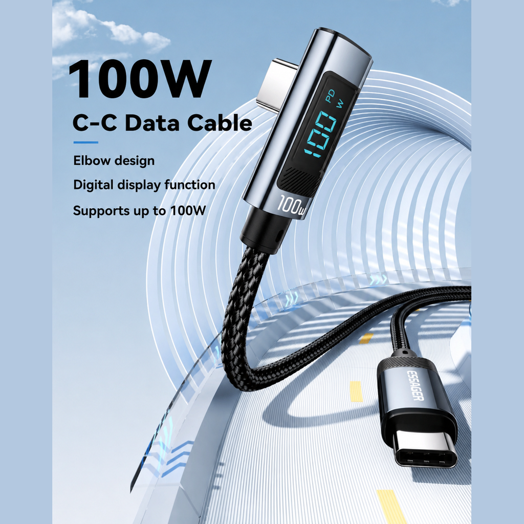 Essager 100W USB-C Fast Charging Cable with Digital Display & 90 Right-Angle Connector (2m)