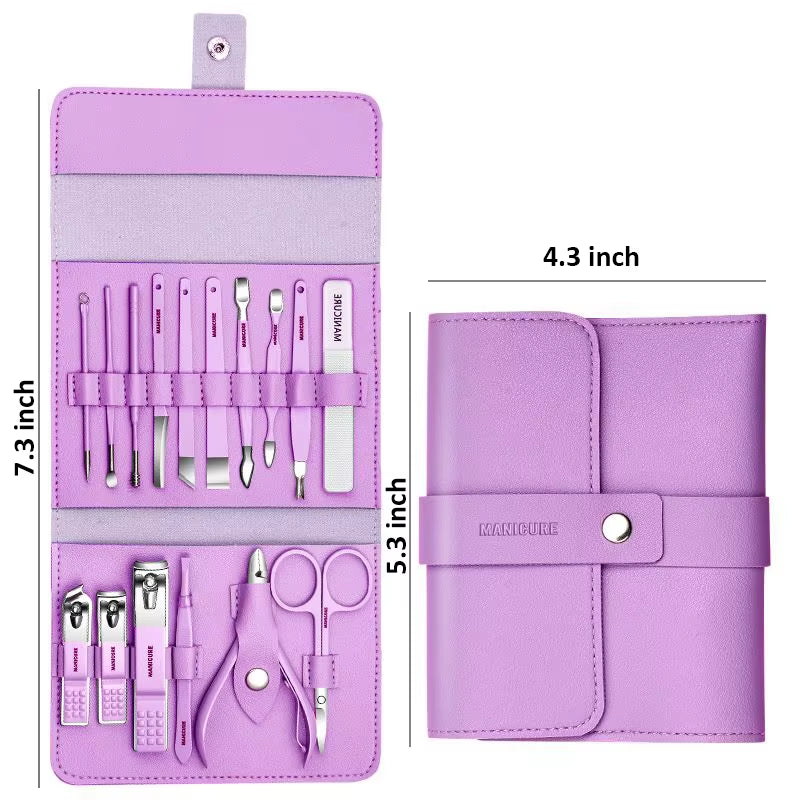 Professional Manicure Set 12/16 Pcs Full Function Kit Stainless Steel Pedicure Sets with Leather Portable Case Idea Gift