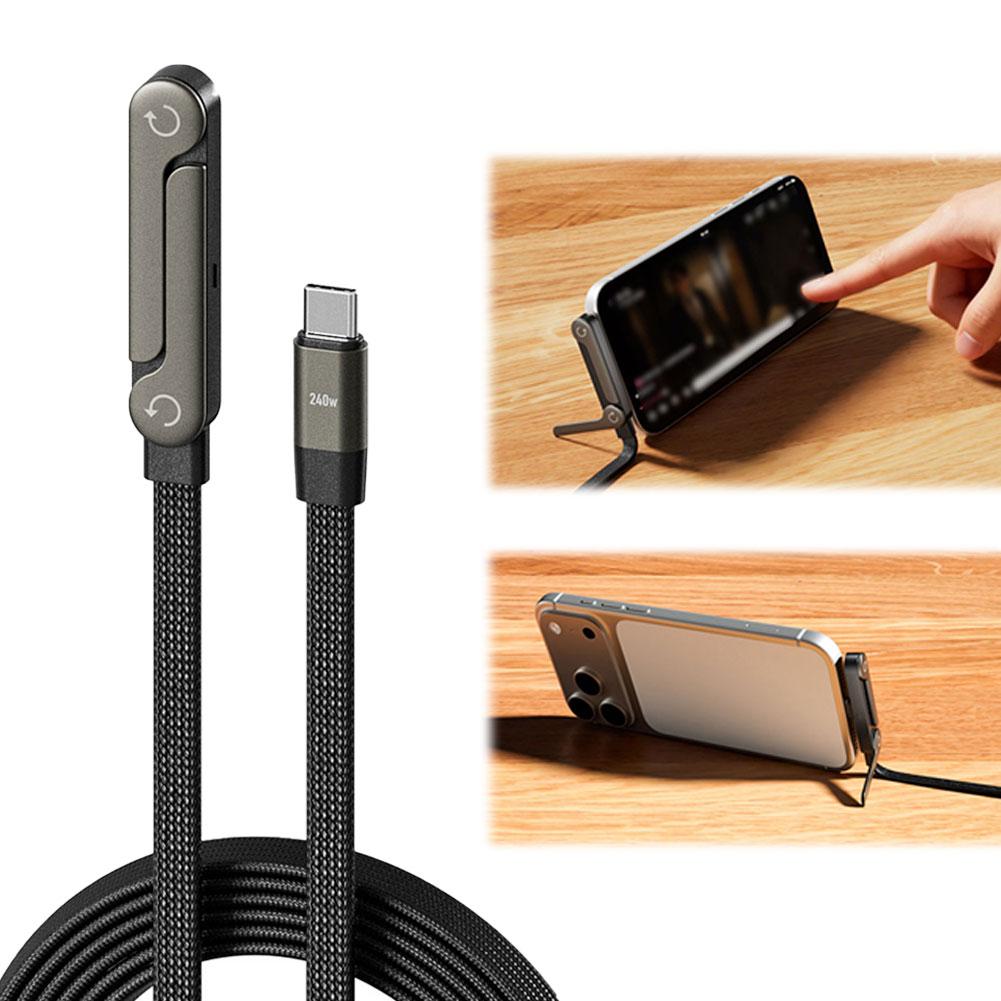 2-in-1 Fast Charging Cable with Foldable Phone Stand – 240W Type-C & USB-A