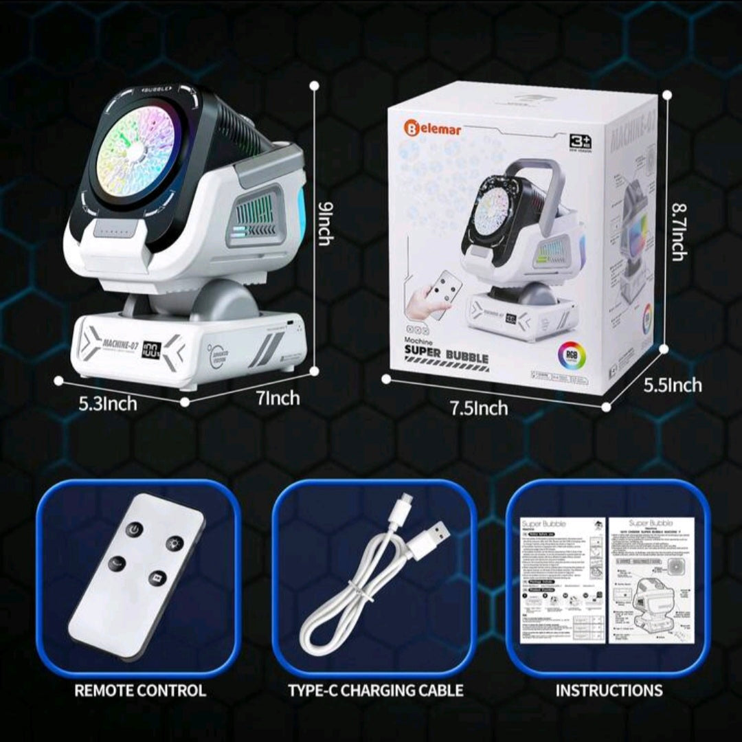 RGB Remote Control Bubble Machine – Rechargeable with LED Lights
