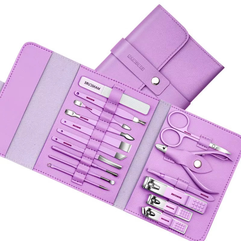 Professional Manicure Set 12/16 Pcs Full Function Kit Stainless Steel Pedicure Sets with Leather Portable Case Idea Gift