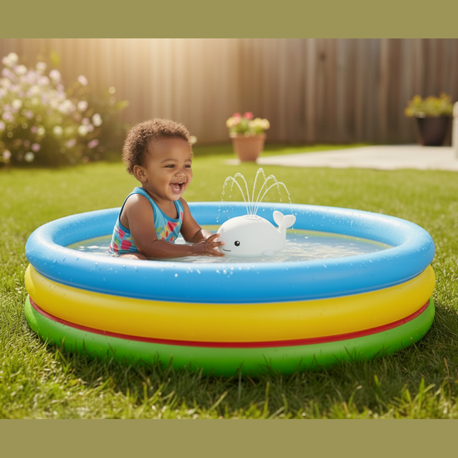 Brown-Skinned Toddler with Tiny Whale in Inflatable Pool