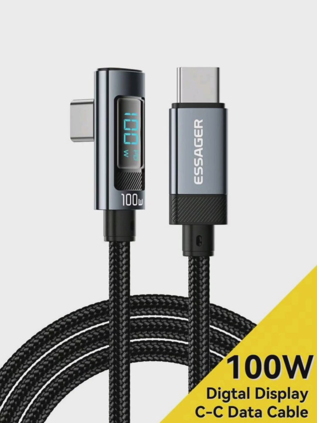 Essager 100W USB-C Fast Charging Cable with Digital Display & 90 Right-Angle Connector (2m)