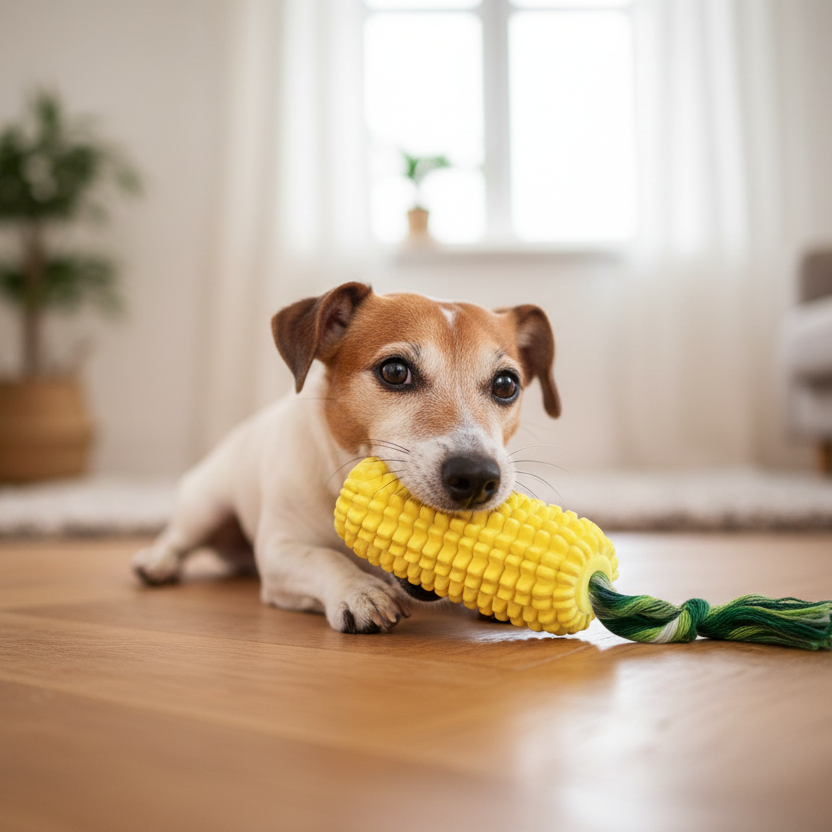 Squeaky Corn Chew Toy – Lifestyle Hero with Husk