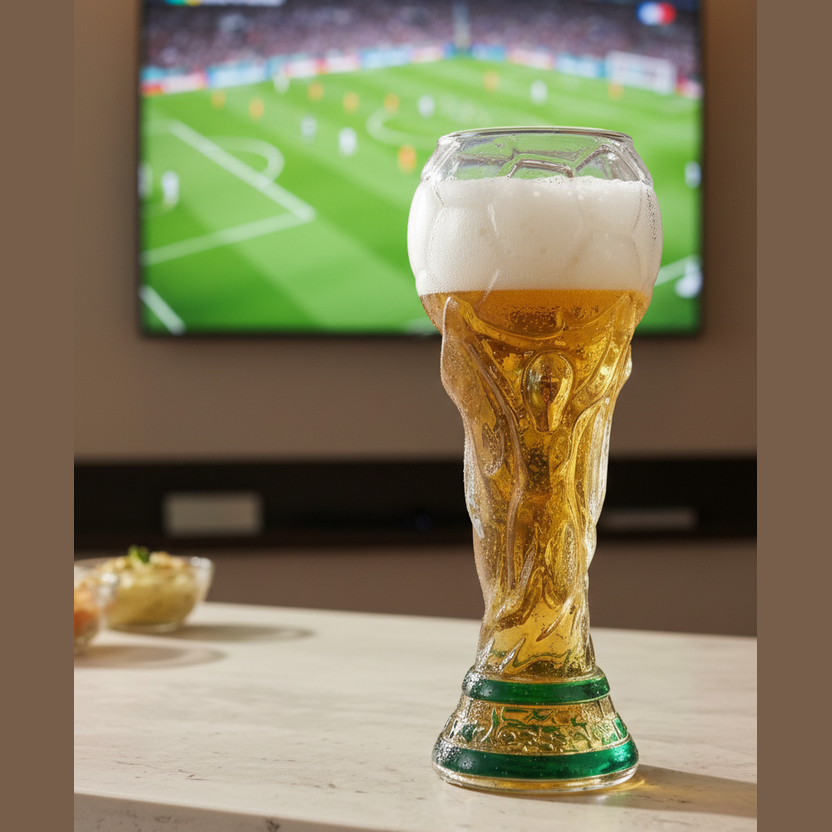 World Cup Trophy Beer Glass with Soccer Match on TV